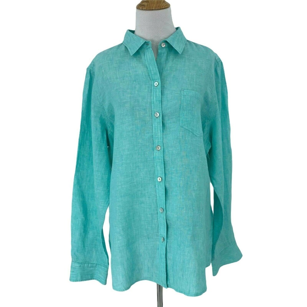 Foxcroft Linen Button Up Shirt Blue Blouse New